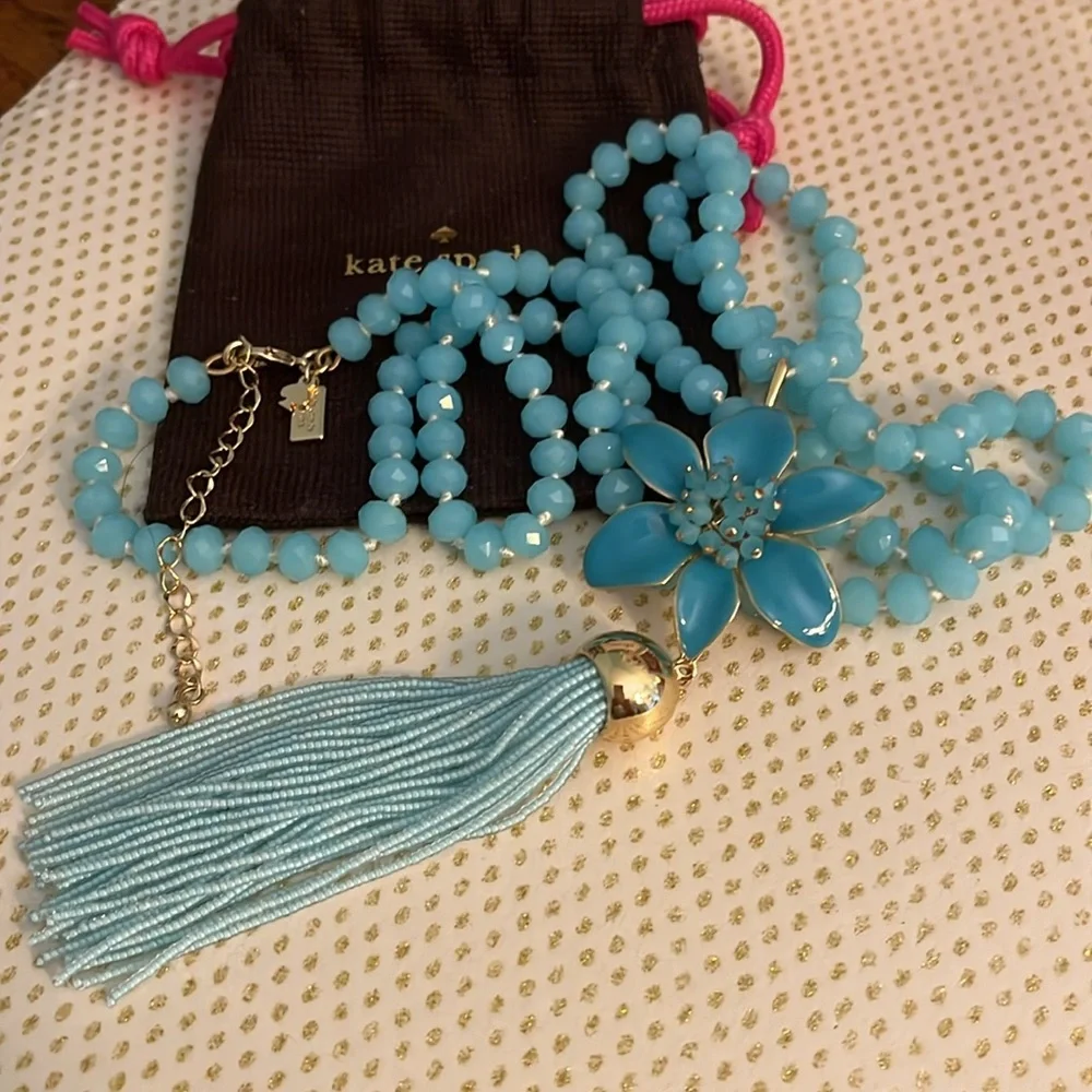 Kate Spade🩵Torquise Enamel Lily/Tassle Necklace with Pouch